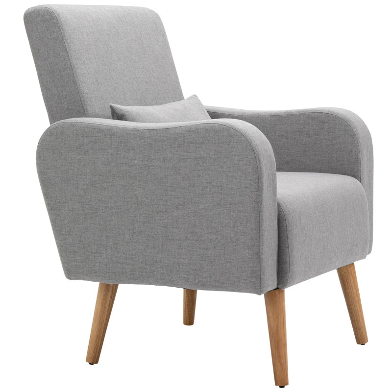 Linen-Feel Accent Armchair with Pillow & Wooden Frame – Grey