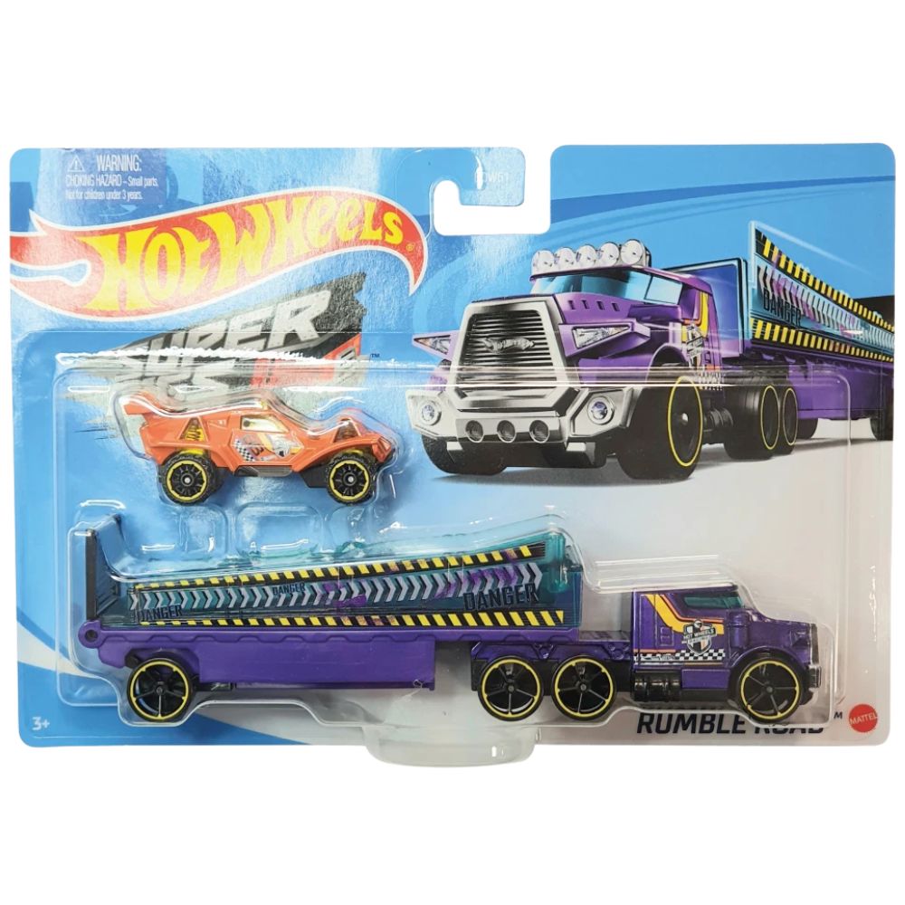 Hot Wheels Super Rigs Rumble Road Hauler with Sports Car Die-Cast Vehicle 1:64 Toy