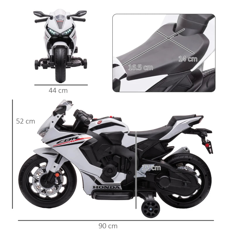 White Honda Licensed 6V Kids Motorcycle with Music and Training Wheels for Beginners