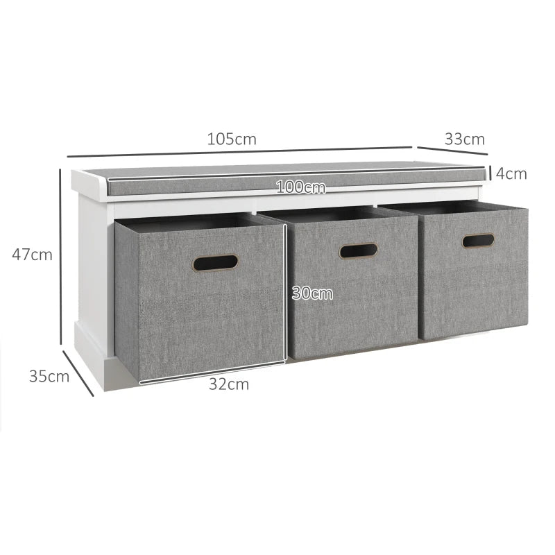 White Shoe Bench with Padded Top & Three Storage Drawers