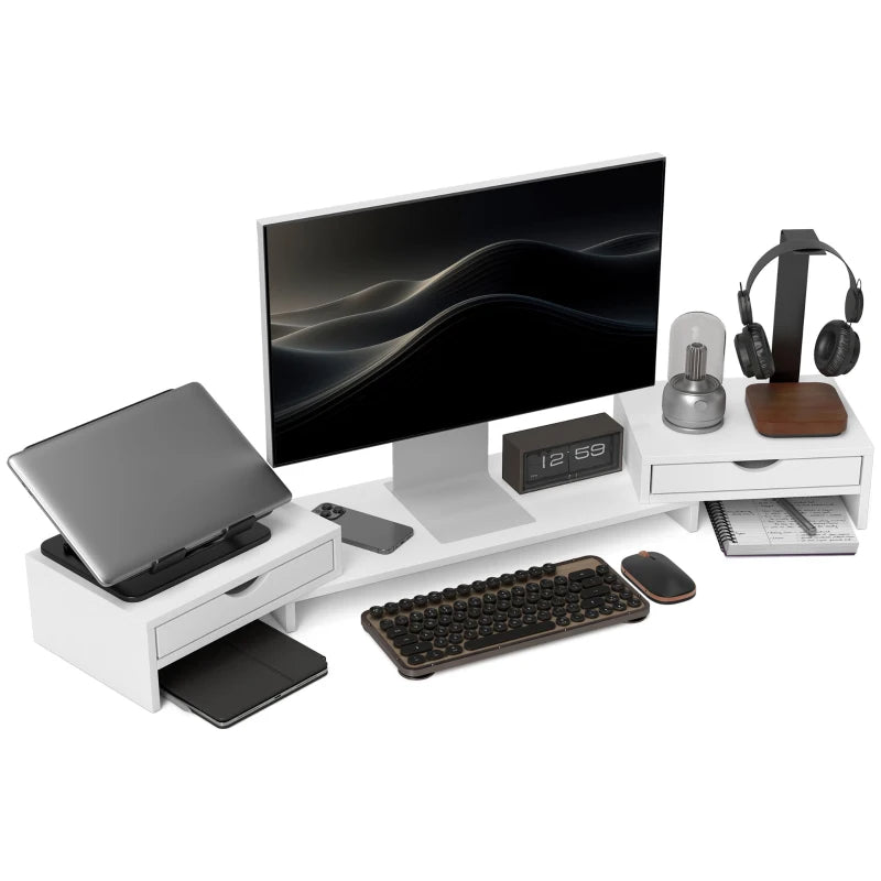 White Dual Monitor Riser – Laptop & PC Stand with 2 Drawers
