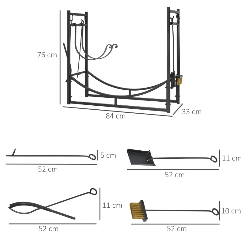 Fireplace Log Holder with Tools and Hooks, 2-Tier Metal Wood Rack, Black, 84x33x76 cm