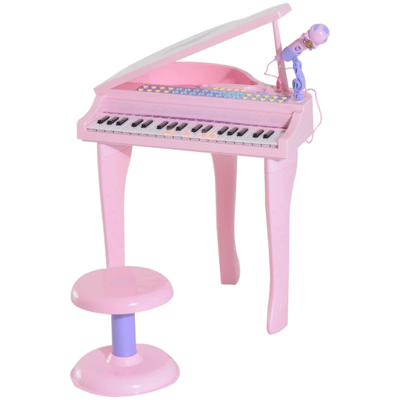 Kids Electronic Grand Piano with Microphone, Lights & Stool – Musical Toy, 37 Keys, Pink