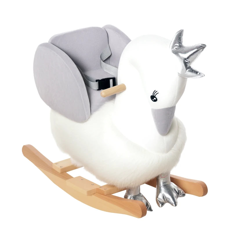 Plush Swan Rocker with Sound, Wooden Base & Safety Belt – Toddler Ride-On Toy
