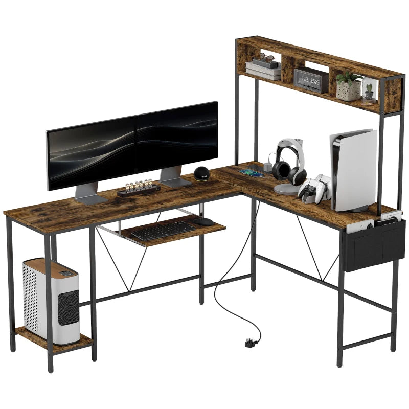 Rustic Brown L-Shaped Desk – Reversible, with Power Outlet