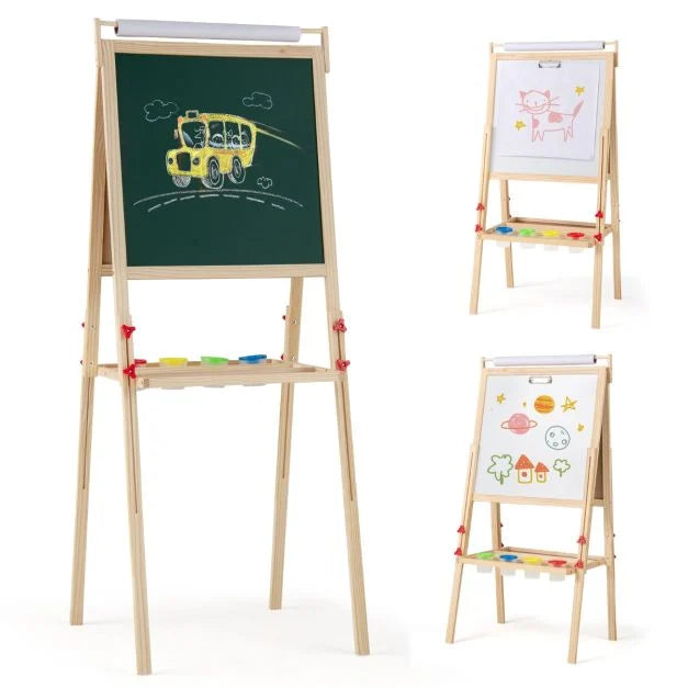 Kids Double-Sided Height-Adjustable Wooden Art Easel for Ages 3-10