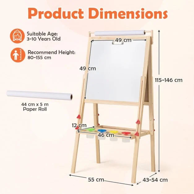 Kids Double-Sided Height-Adjustable Wooden Art Easel for Ages 3-10