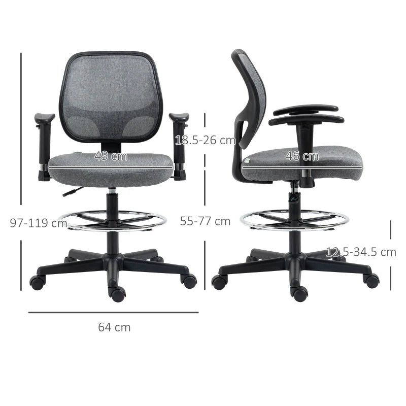 Fabric Drafting Stool – 360° Swivel, Adjustable Arms & Footrest