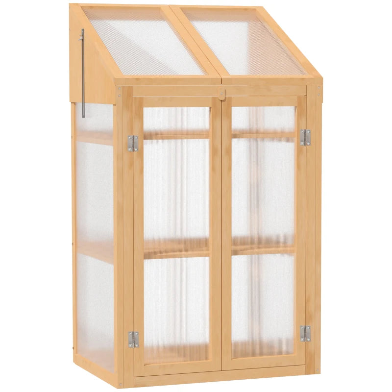 Wooden Cold Frame Polycarbonate Greenhouse with Openable Top & Double Door, Grey, 70x50x120cm