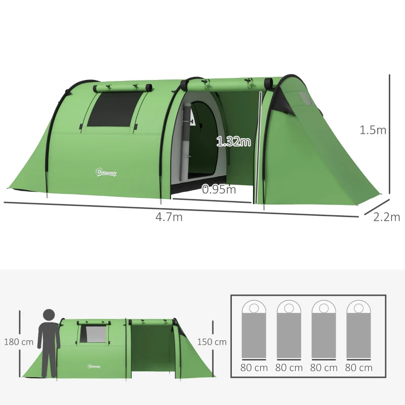 Green 4-Man Tunnel Tent – Two Rooms with Accessories