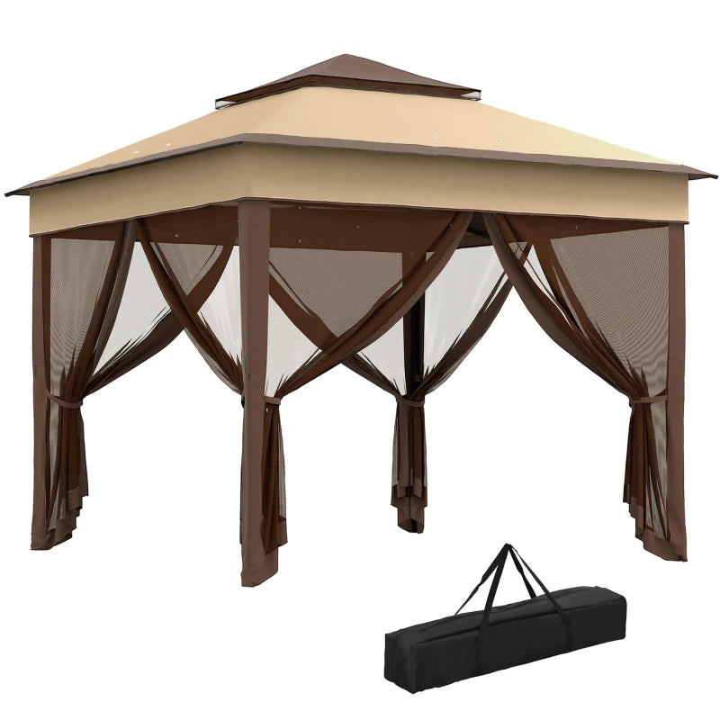 Beige Pop Up Gazebo with Netting – Instant Height Adjustable Outdoor Shelter, 3 x 3m