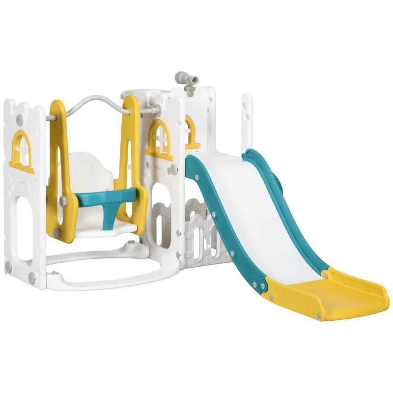 Yellow 6-in-1 Kids Swing and Slide Set with Basketball Hoop, Telescope & Storage Space
