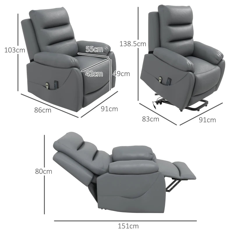 Elderly Power Lift Recliner – Grey PU Leather with Massage & Side Pockets