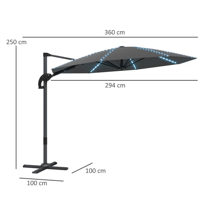 Patio Cantilever Umbrella with Cross Base, Solar Lighting & Crank Handle – 3m Grey
