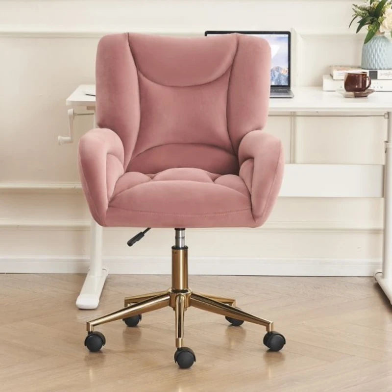 Pink Velvet Swivel Office Chair with Metal Base & Adjustable Height