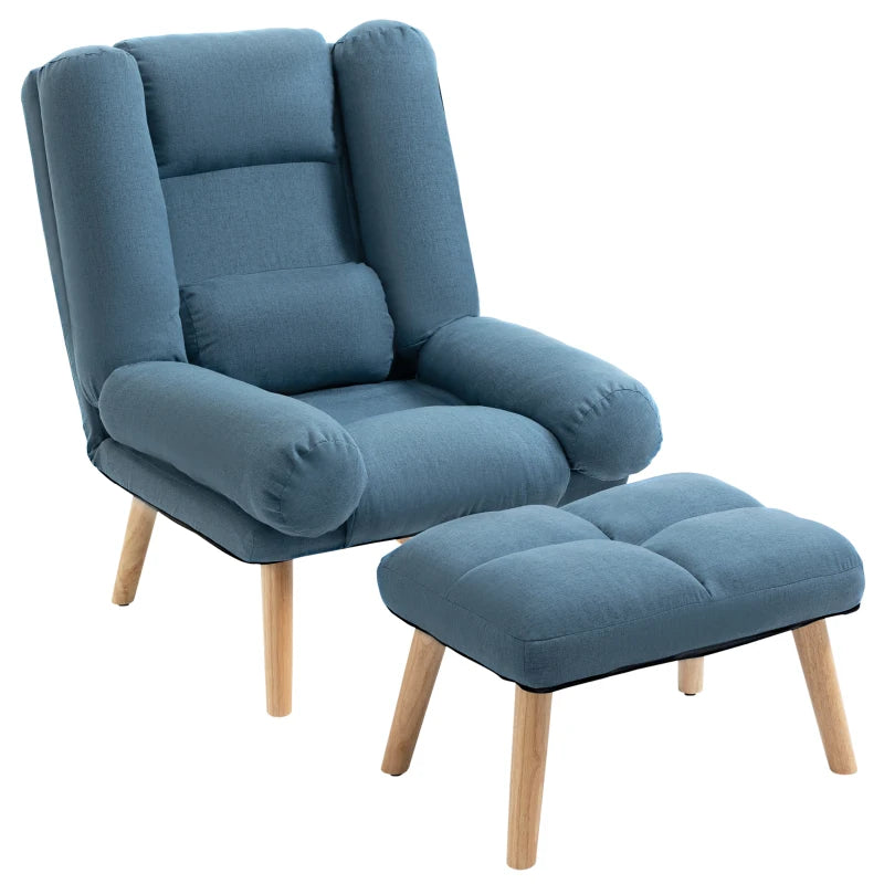 Blue Accent Chair with Ottoman, 180° Recliner, Adjustable Backrest