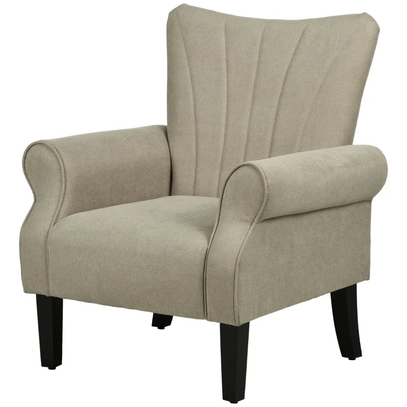 Armchair in Beige – Rolled Arms & Wood Legs for Living Room/Bedroom