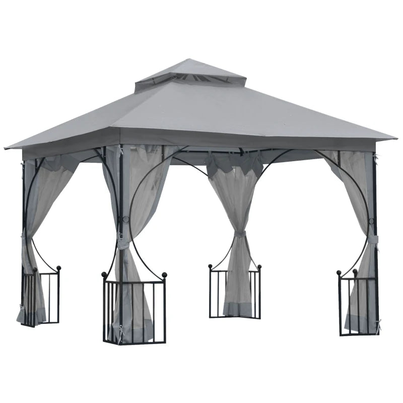 Patio Party Tent with Metal Frame, Double Tier Sun Shade & Netting, Light Grey, 3 x 3m