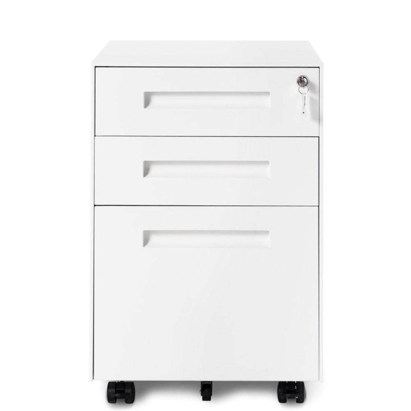 White Mobile Filing Cabinet – Steel Construction with 3 Drawers & Locking Wheels