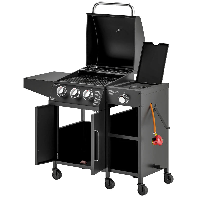 BBQ Grill with Storage Cabinet, Shelves, Thermometer & Wheels for Garden Parties 9.5 kW