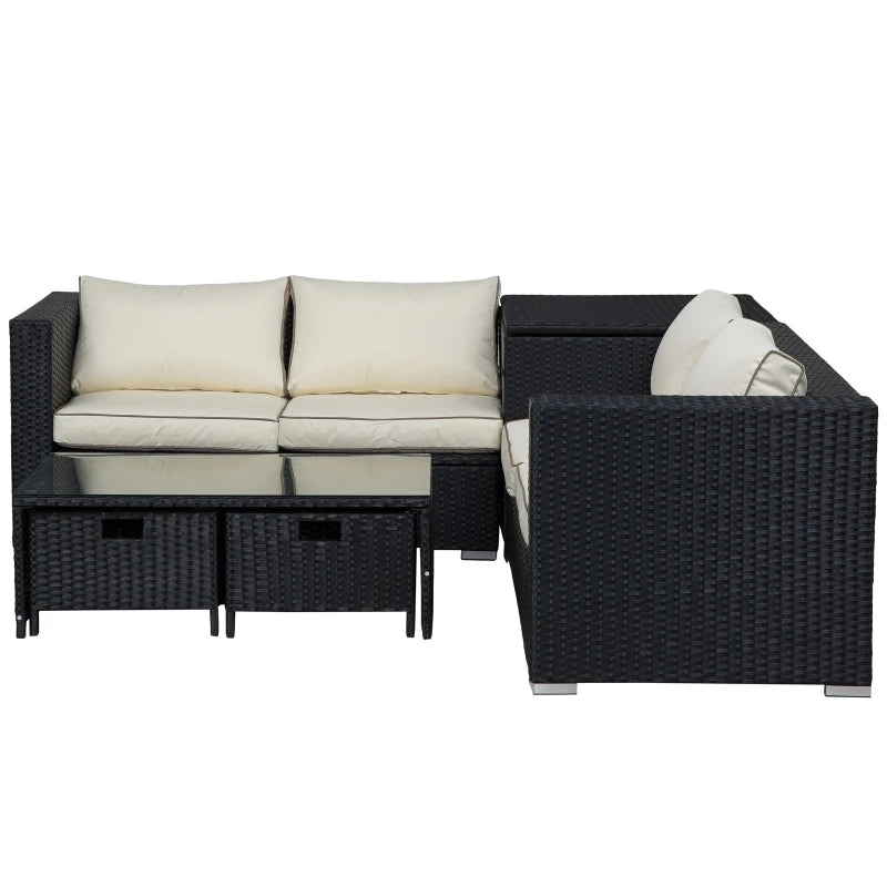 Black Rattan Corner Sofa Set with Storage, Coffee Table & Cushions 4-Seater, 4-Piece