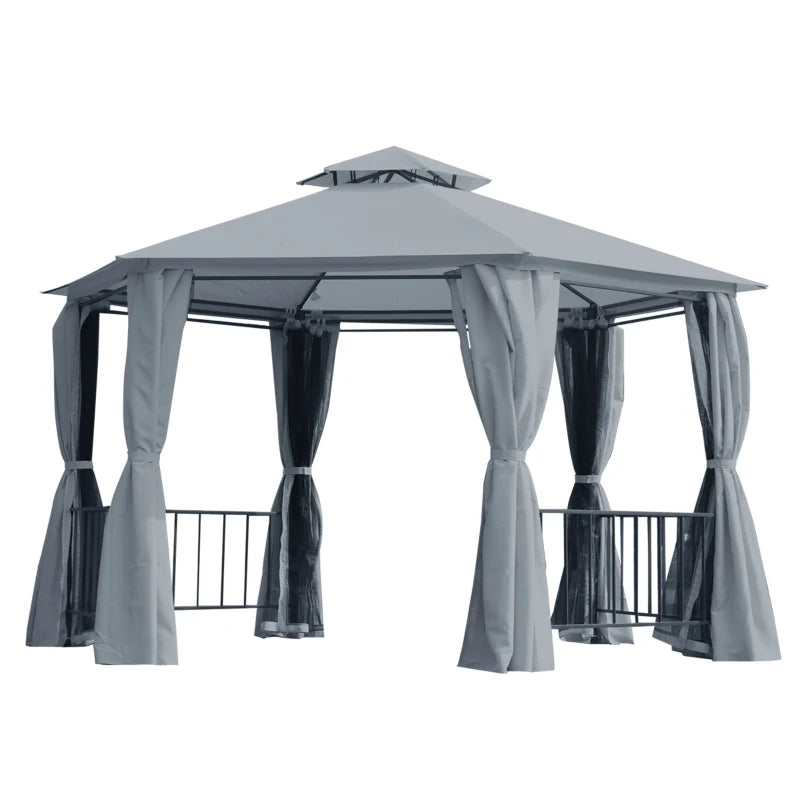 Grey Hexagon Gazebo Canopy Tent with Side Panels & 2-Tier Roof – Patio Shelter 3x3m