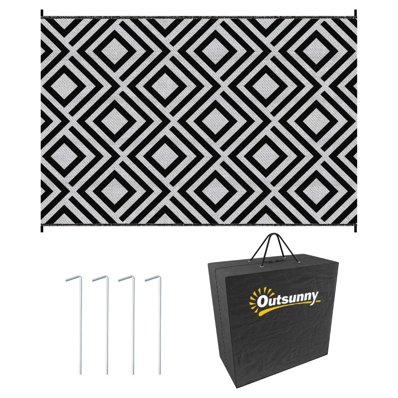 Outdoor Reversible Rug with Carry Bag & Stakes – 182x274cm Black Straw Mat