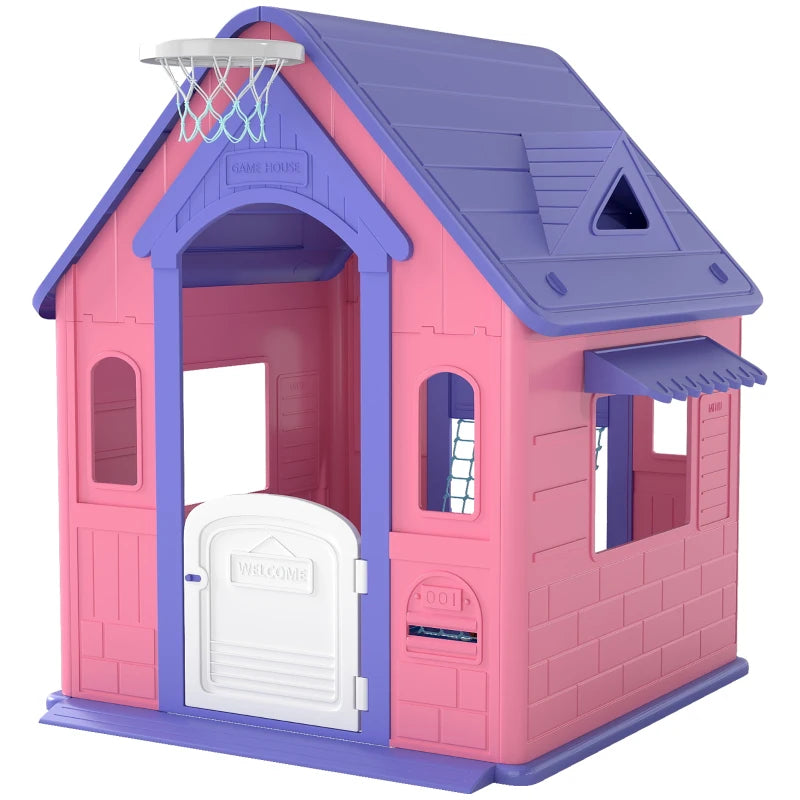 Indoor Outdoor 5-in-1 Pink Playhouse with Basketball, Football & Games for Ages 2-5