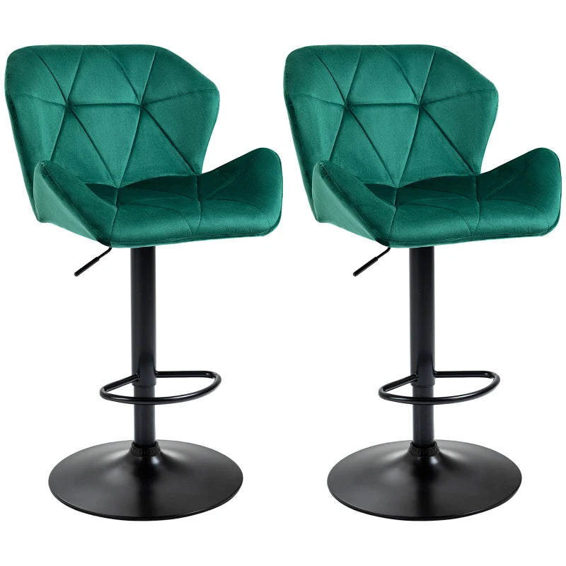 Bar Stools Set, Velvet Touch, Green, Adjustable Height, Set of 2
