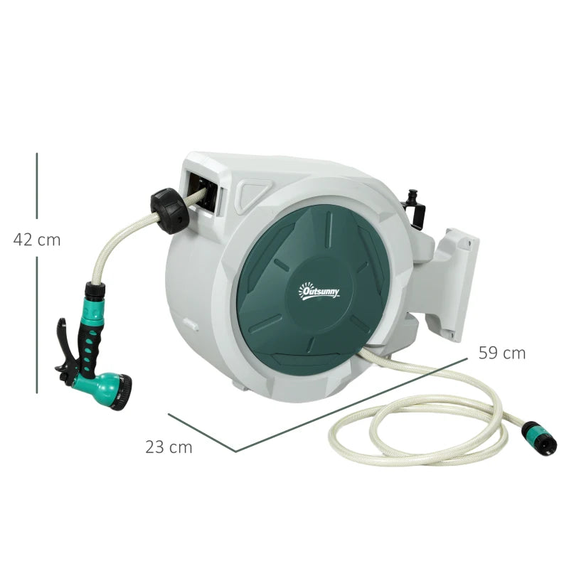 Retractable Wall-Mounted Hose Reel with 30+2m Hose, Auto Rewind & 7-in-1 Nozzle, Grey