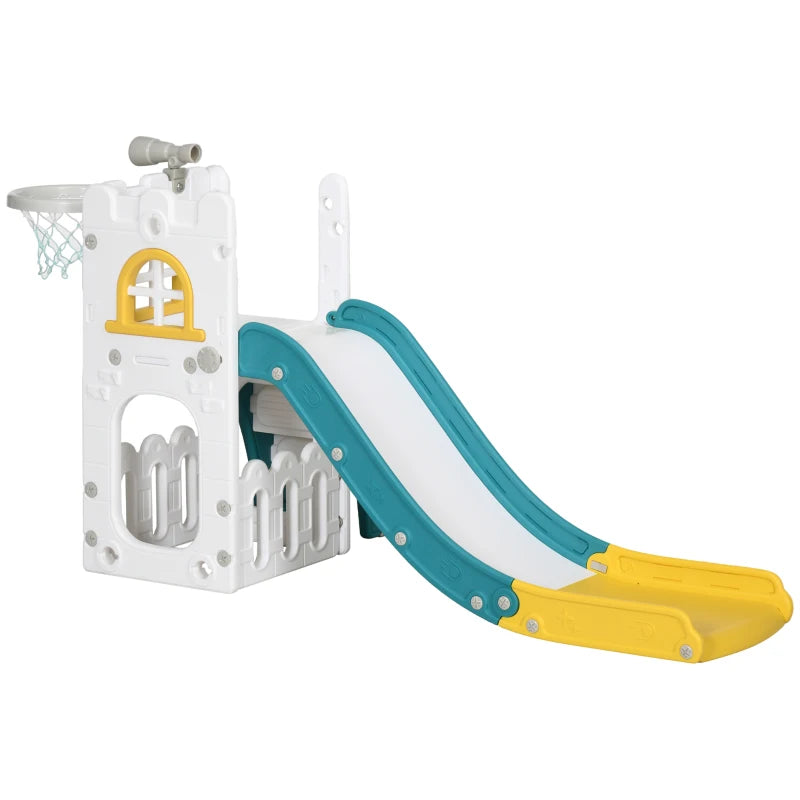 5-in-1 Toddler Slide with Basketball Hoop, Climber, Telescope & Storage – Yellow