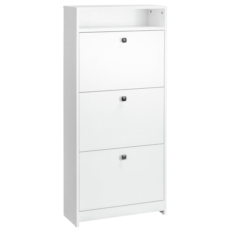 White Narrow Shoe Cabinet – 3 Flip Doors for 14-18 Pairs, Slim Hallway