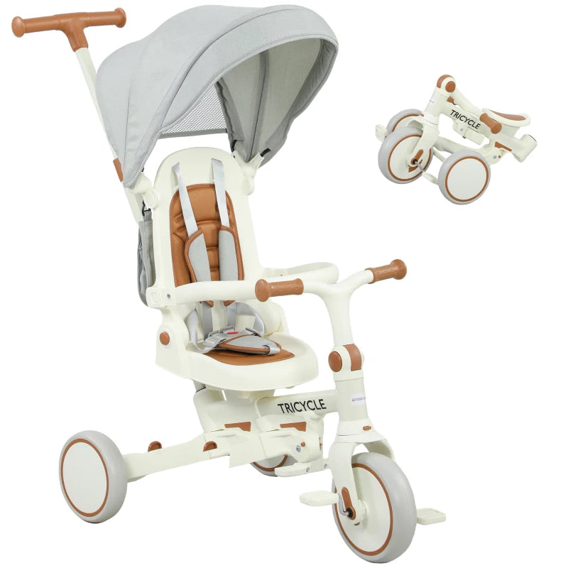 Cream White Toddler Tricycle 5-in-1 with Adjustable Backrest and Push Handlebar