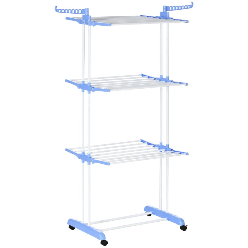 Blue Foldable 4-Tier Garment Drying Rack with Wheels for Indoor/Outdoor