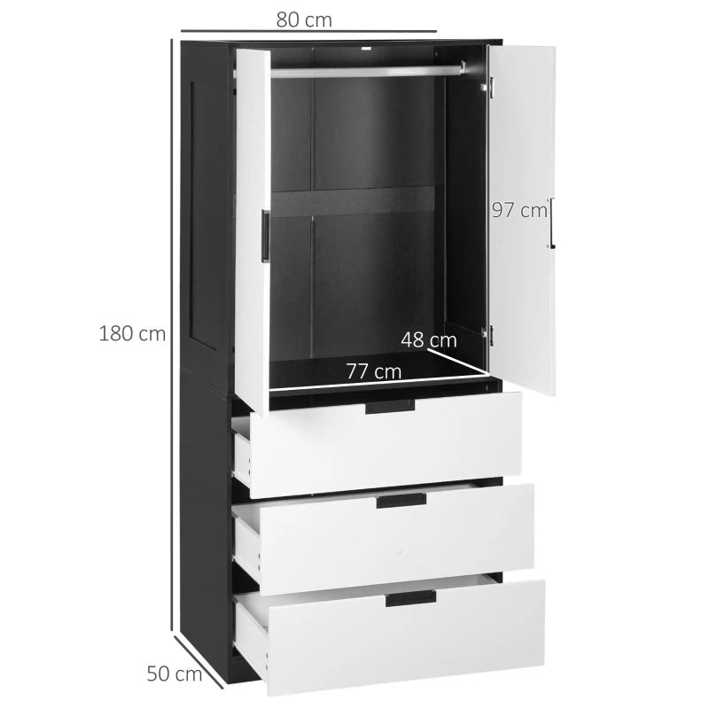 2-Door Bedroom Wardrobe with Drawers & Hanging Rod - Black