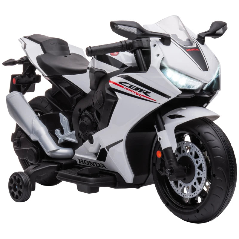 White Honda Licensed 6V Kids Motorcycle with Music and Training Wheels for Beginners