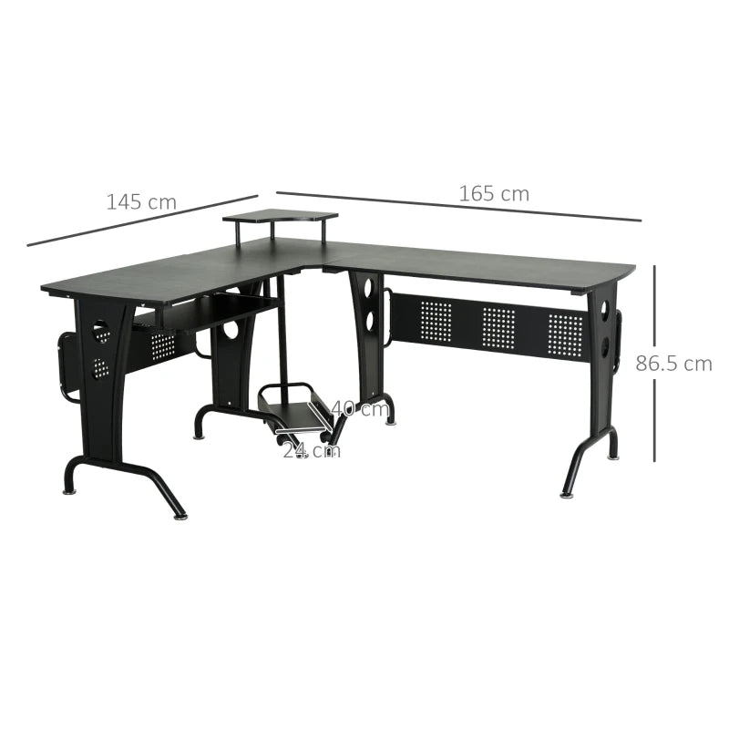 Corner L-Shaped Computer Desk with Steel Frame – Black