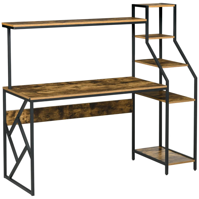 Home Office Desk with Bookshelf & Storage Shelves – Rustic Brown