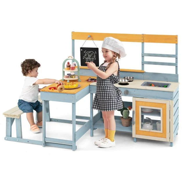 Wooden Mud Kitchen with Picnic Table for Kids’ Pretend Play