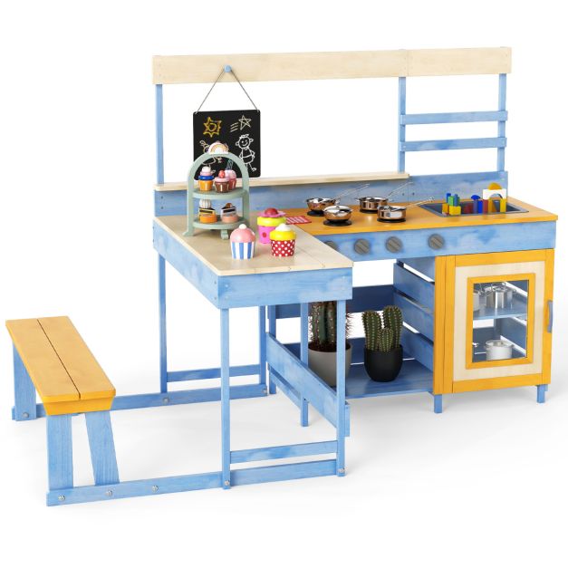 Wooden Mud Kitchen with Picnic Table for Kids’ Pretend Play