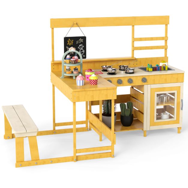 Wooden Mud Kitchen with Picnic Table for Kids’ Pretend Play