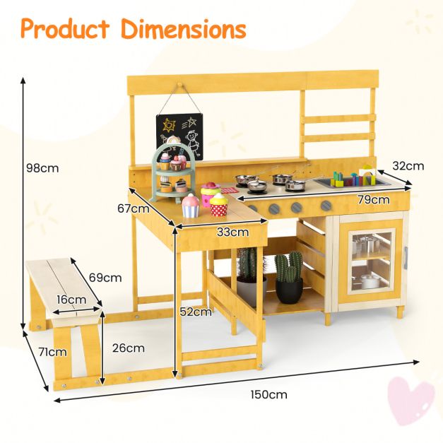 Wooden Mud Kitchen with Picnic Table for Kids’ Pretend Play