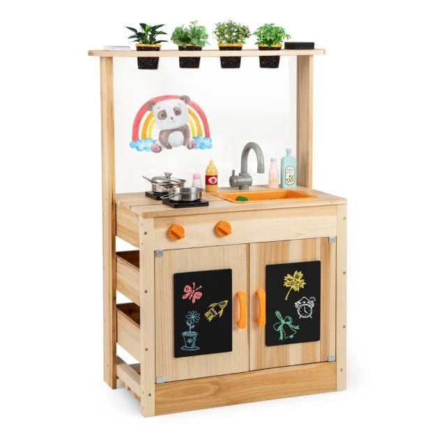 Wooden Kids Play Kitchen with Planting Pots and Removable Sink