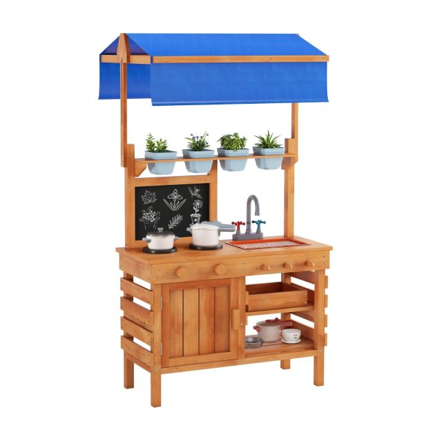 Wooden Play Kitchen with Adjustable Canopy and Sink for Kids