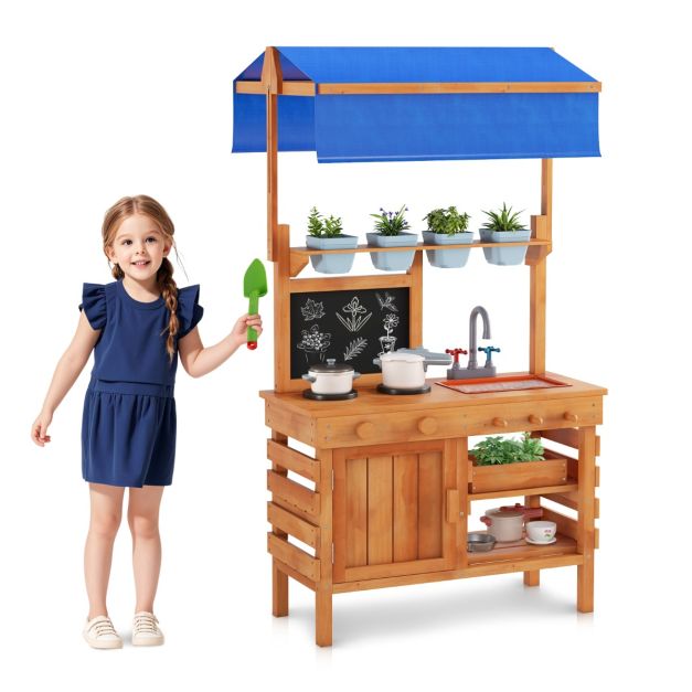 Wooden Play Kitchen with Adjustable Canopy and Sink for Kids