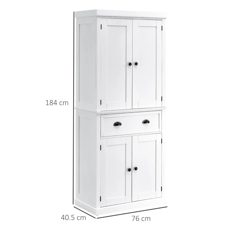 Tall 184cm Kitchen Cupboard with Doors and Shelves, White Finish