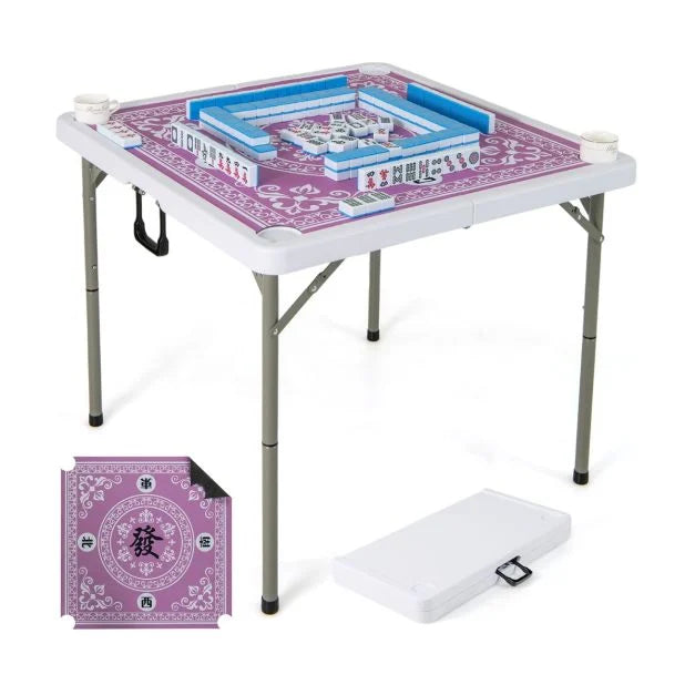 Foldable Mahjong Table with Cup Holders & Detachable Game Mat