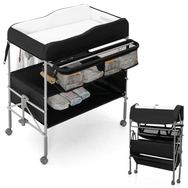Nursery Changing Table with Folding Design, Lockable Wheels, and Storage Basket