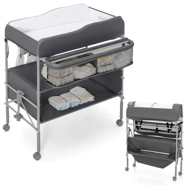 Nursery Changing Table with Folding Design, Lockable Wheels, and Storage Basket