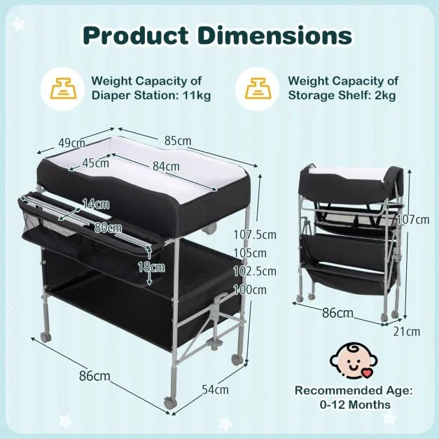 Nursery Changing Table with Folding Design, Lockable Wheels, and Storage Basket